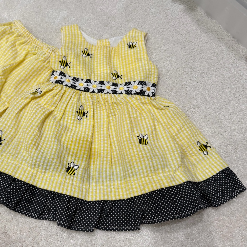 Rare Editions Yellow Bee Dress with Floral Trim Sz 6-9 months with diaper cover